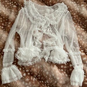 Sheer White Ruffled Lace Blouse